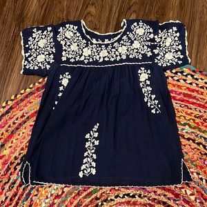 Siren vintage style hand embroidered top- navy blue with white embroidery